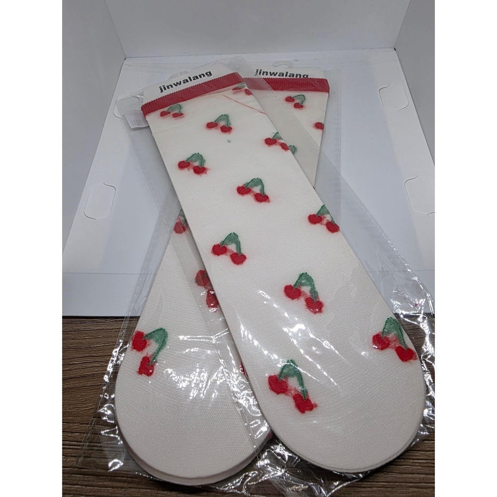 2 Pair Cherry Motif Sheer Socks Women Cottagecore Coquette Fruit Novelty